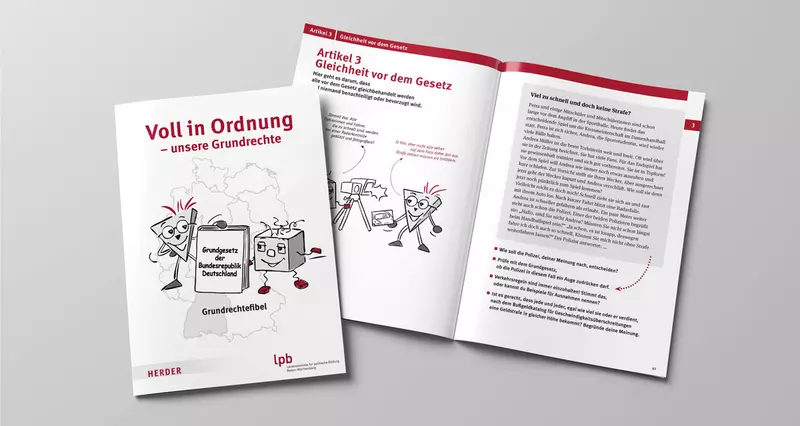Buch Grundrechtefibel. Einblick innen und außen. Foto: LpB Buch Grundrechtefibel. Einblick innen und außen. Foto: LpB