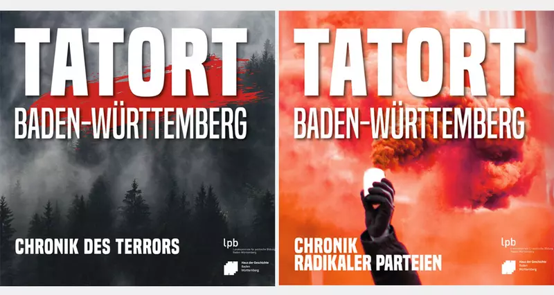 Podcast-Reihe „Tatort Baden-Württemberg". Cover der 1. Staffel: Chronik des Terrors und Cover der 2. Staffel: Chronik radikaler Parteien. Podcast-Reihe „Tatort Baden-Württemberg". Cover der 1. Staffel: Chronik des Terrors und Cover der 2. Staffel: Chronik radikaler Parteien.
