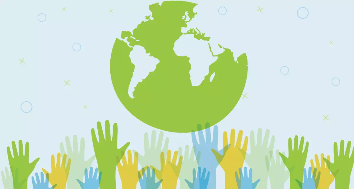 Grüne Weltkugel, darunter bunte Hände. Grafik: Adobe Stock | rosewind Grüne Weltkugel, darunter bunte Hände.