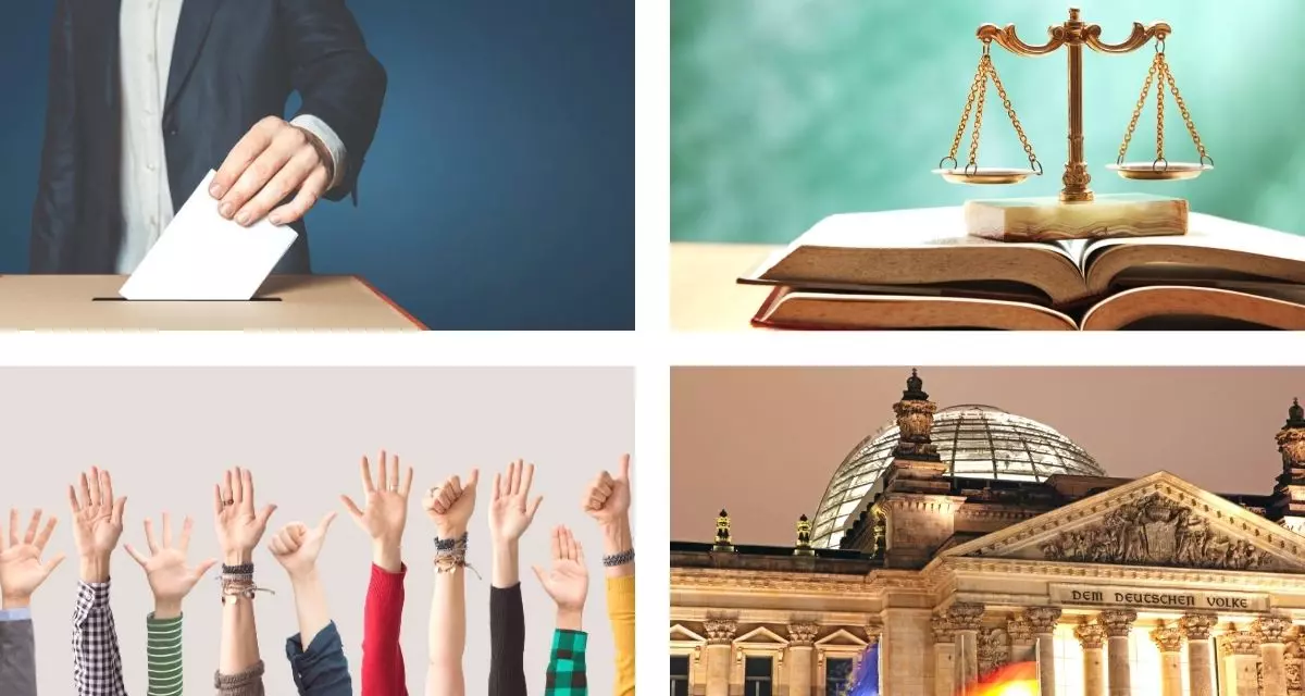 Symbolbilder für Demokratie: Wahlen, Gericht, Bundestag. Fotos und Grafik: via Canva. Symbolbilder für Demokratie: Wahlen, Gericht, Bundestag. Fotos und Grafik: via Canva.